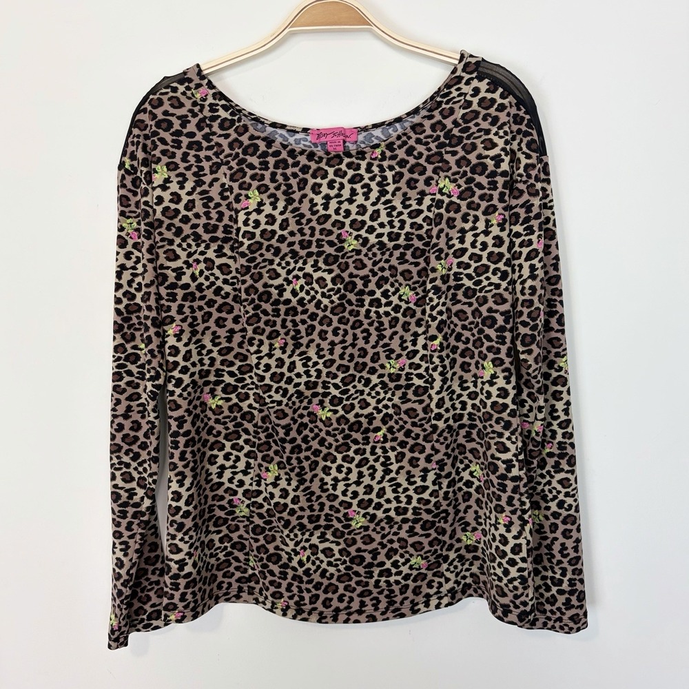 Betsey Johnson Womens Leopard Floral Print Mesh Shoulder Long Sleeve‎ Top Medium